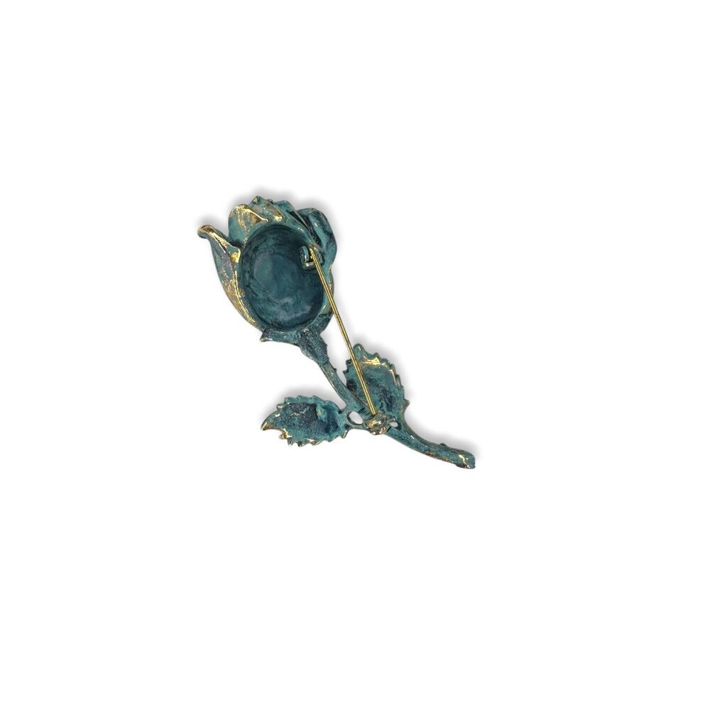 Exquisite Vintage Gold Tone Teal Enamel Rose Flower Brooch Vintage 1960s 70s - Picture 2 of 9